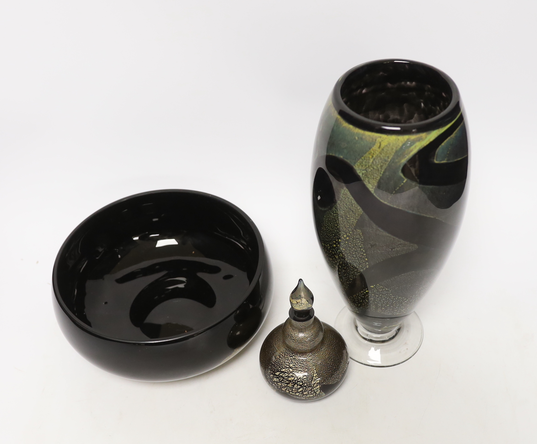 Three Isle of Wight glass pieces with gold flecked design, comprising vase, centre bowl and scent bottle with stopper, largest 27cm high